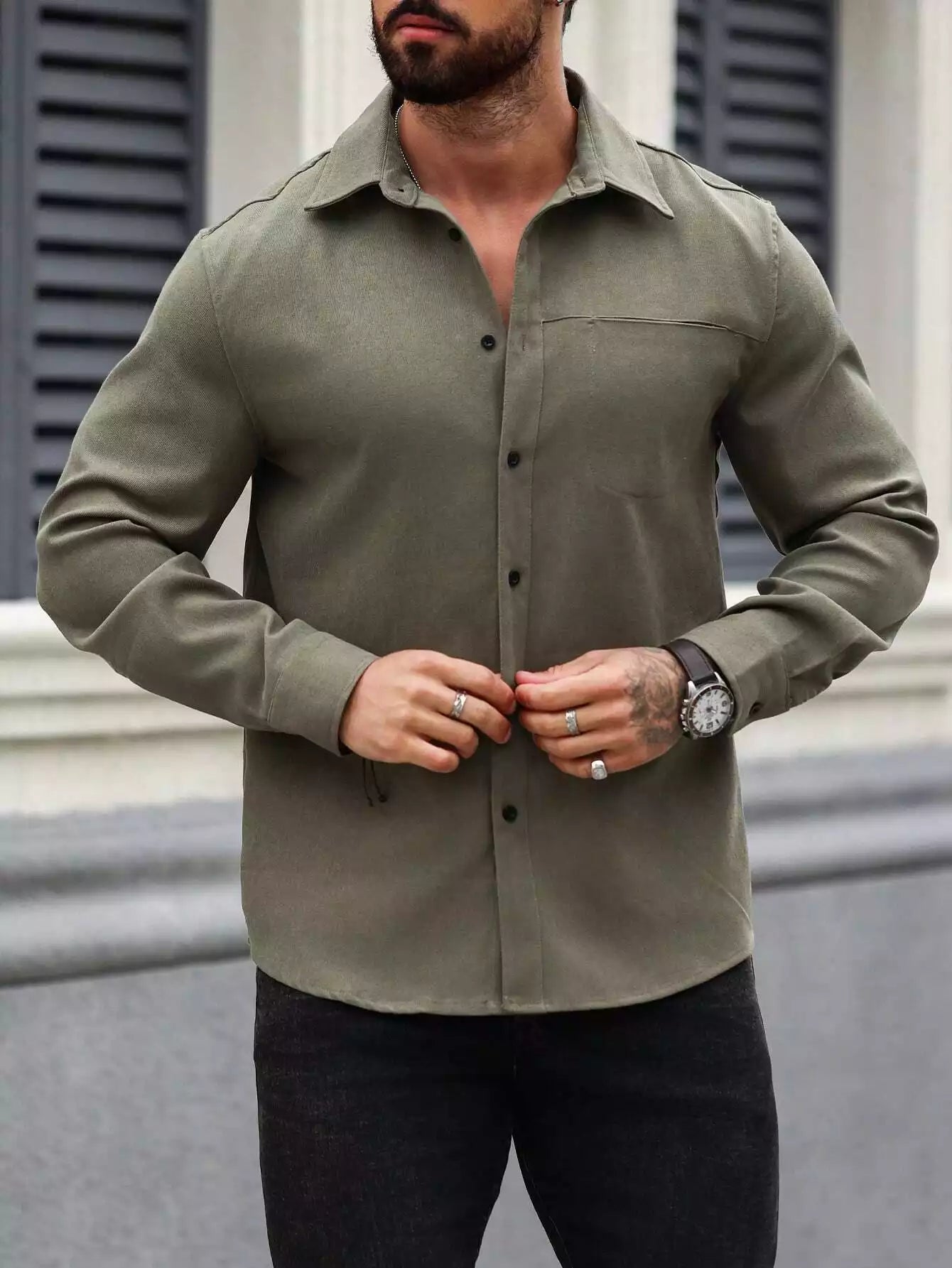 Men Spring And Summer Solid Color Loose Casual Long-Sleeved Shirt Army Green Color