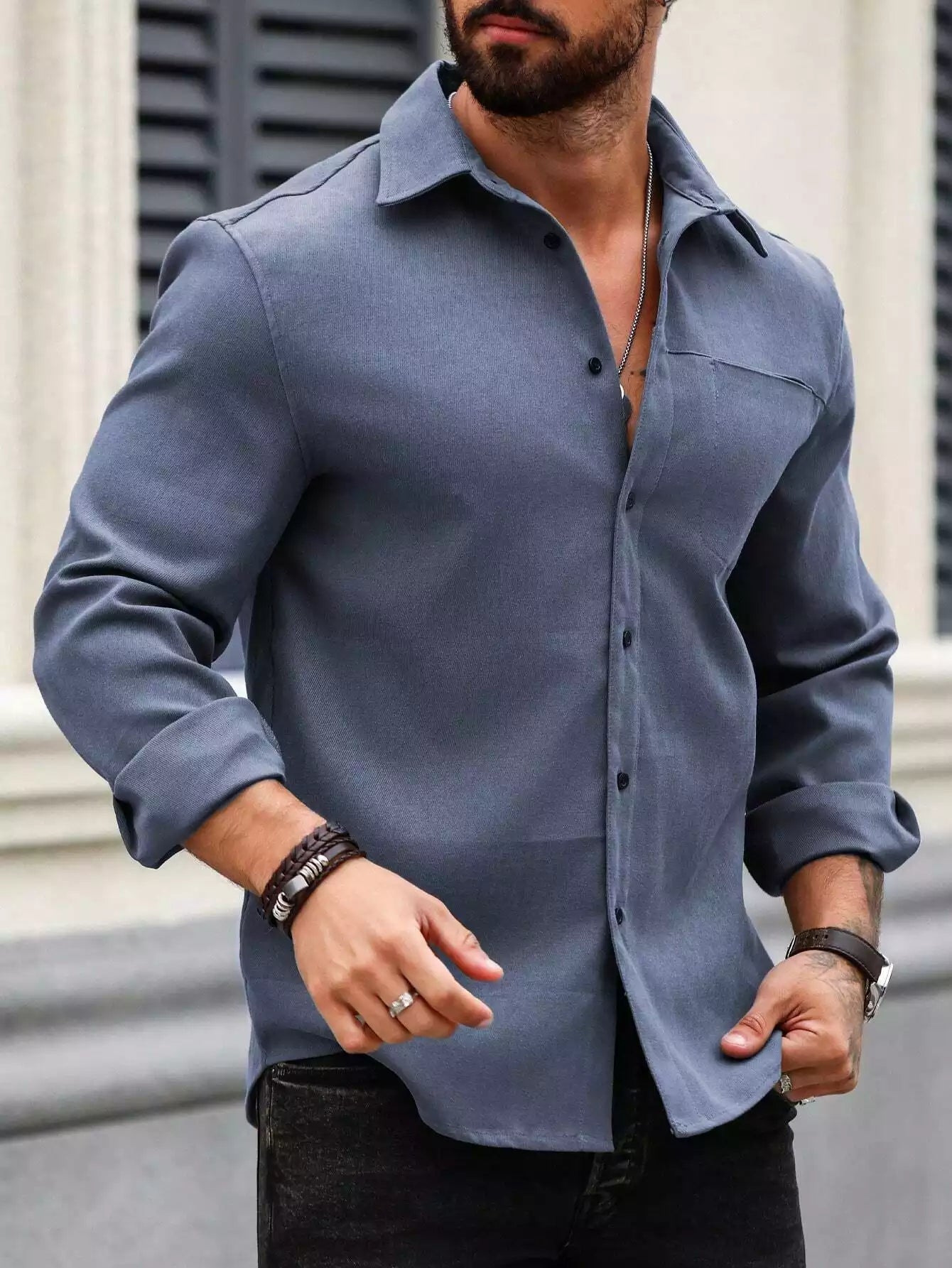 Men Spring And Summer Solid Color Loose Casual Long-Sleeved Shirt Blue Color