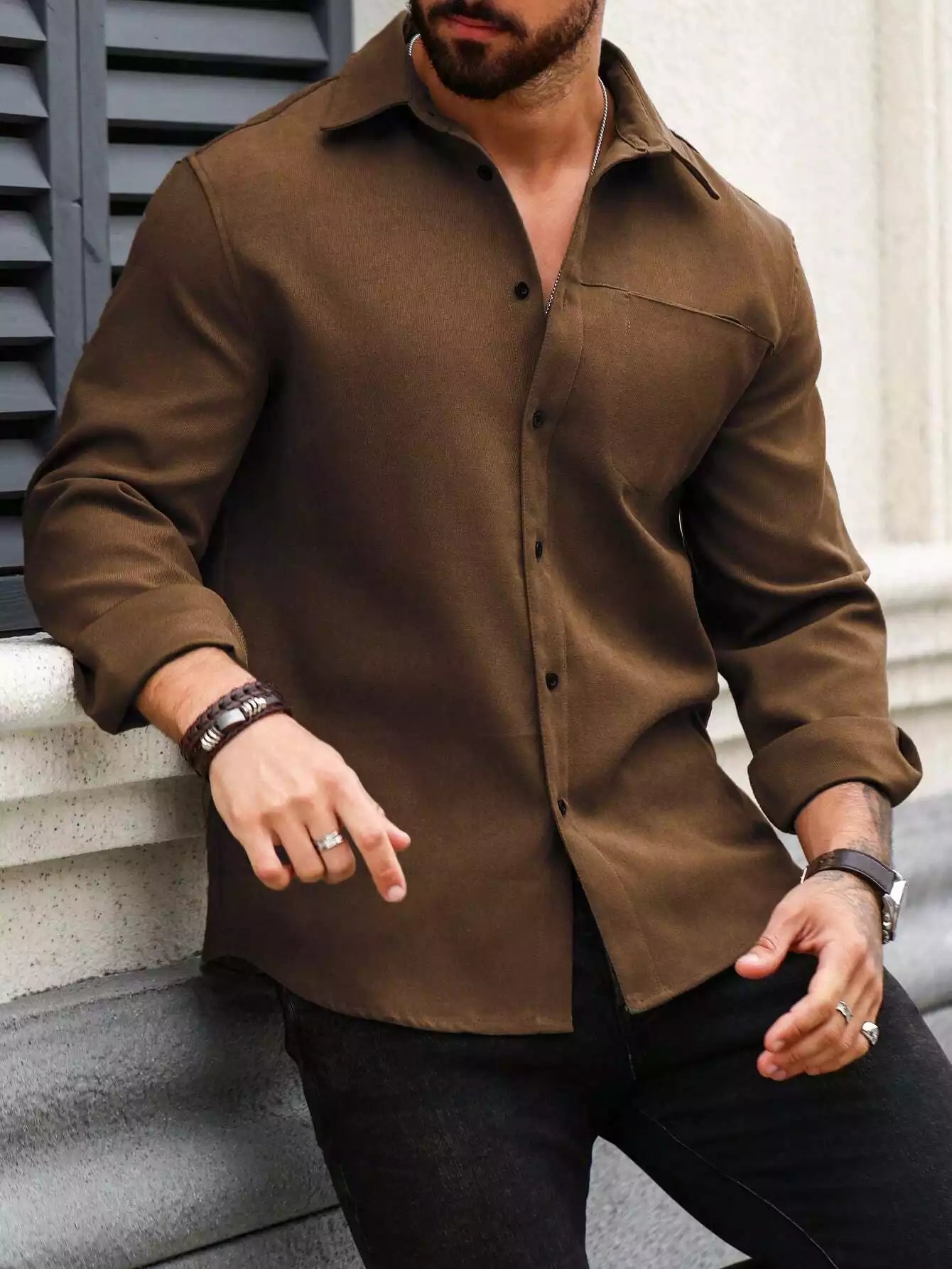Men Spring And Summer Solid Color Loose Casual Long-Sleeved Shirt Brown Color