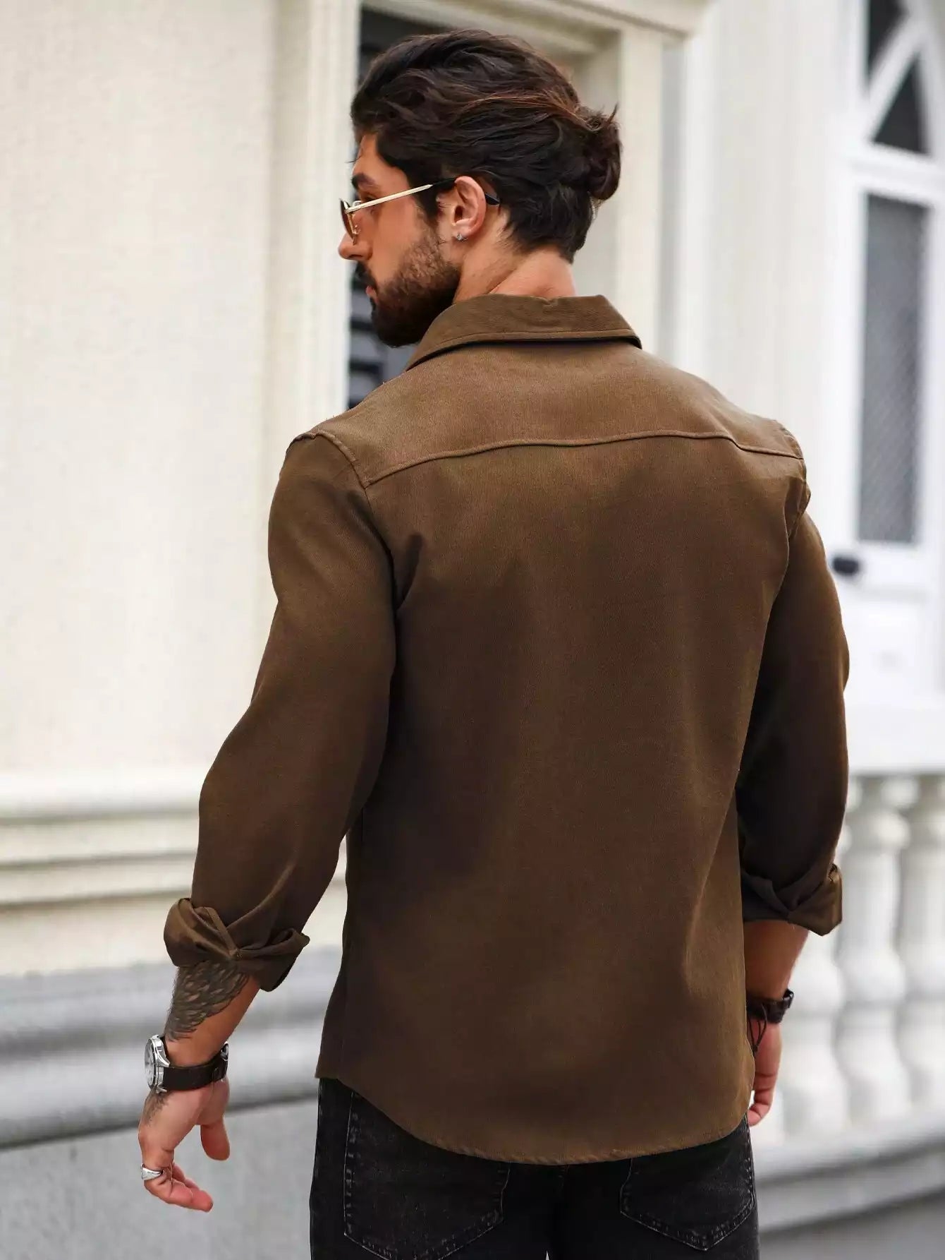 Men Spring And Summer Solid Color Loose Casual Long-Sleeved Shirt Brown Color
