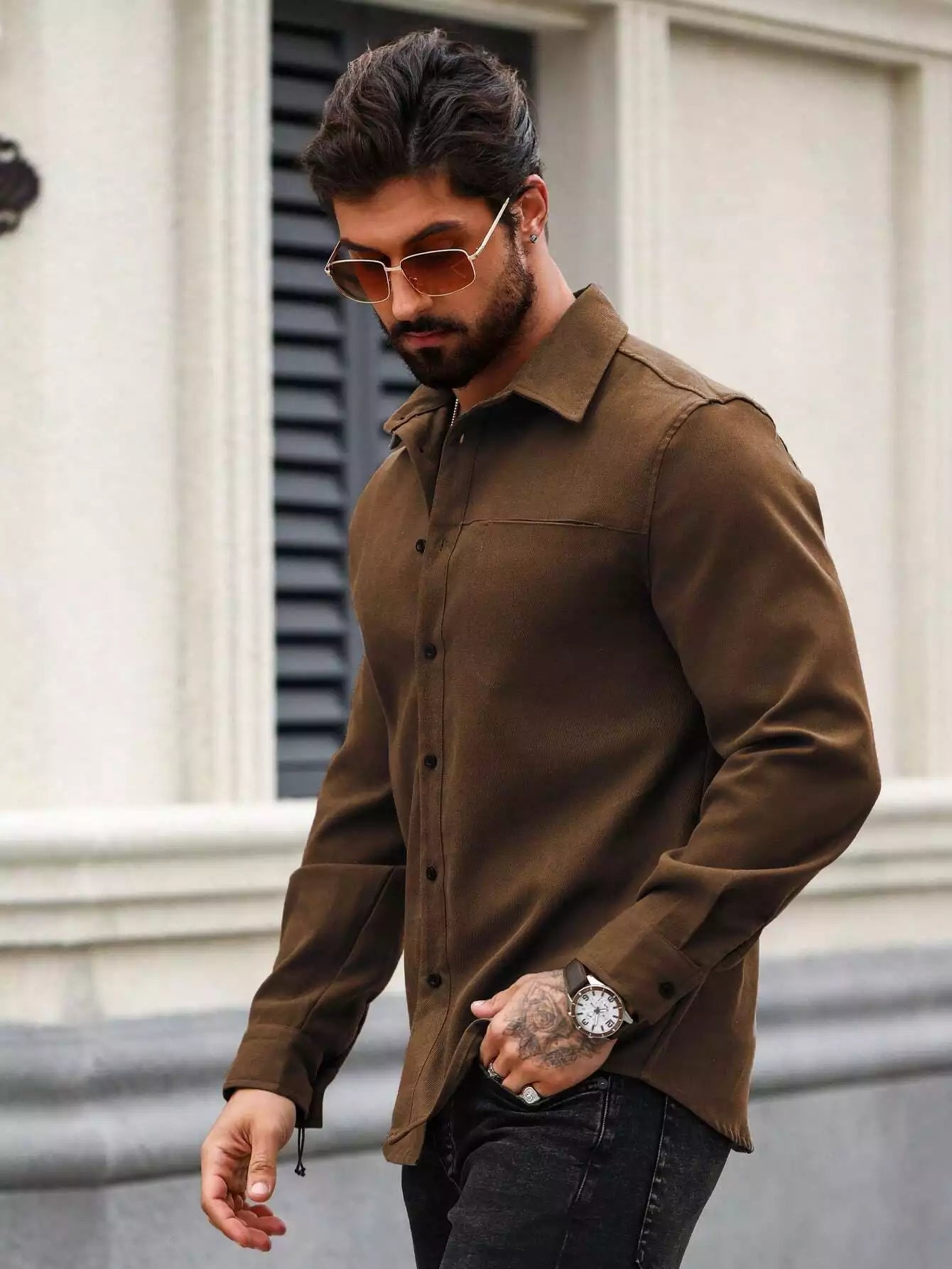 Men Spring And Summer Solid Color Loose Casual Long-Sleeved Shirt Brown Color
