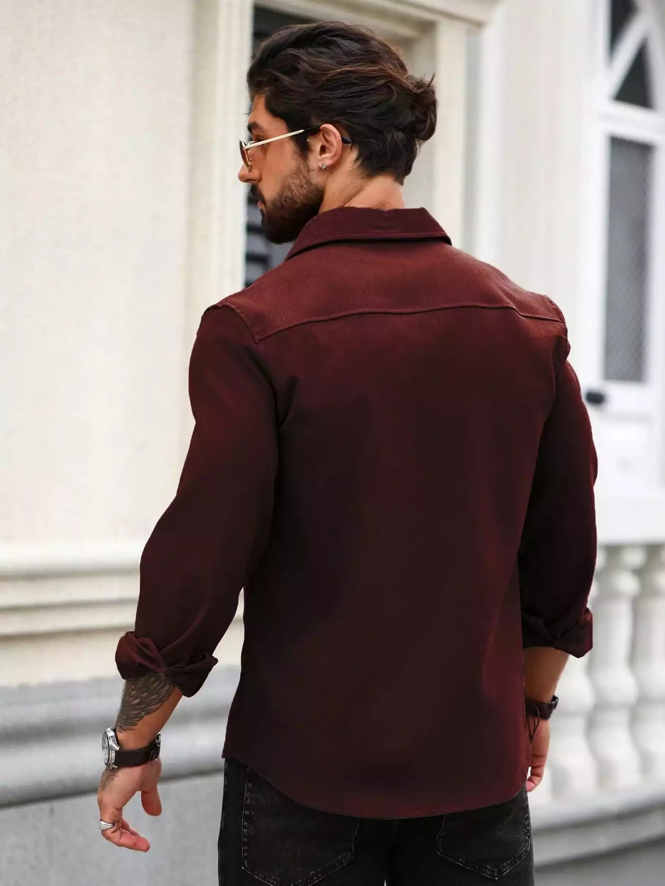 Men Spring And Summer Solid Color Loose Casual Long-Sleeved Shirt Burgundy Color