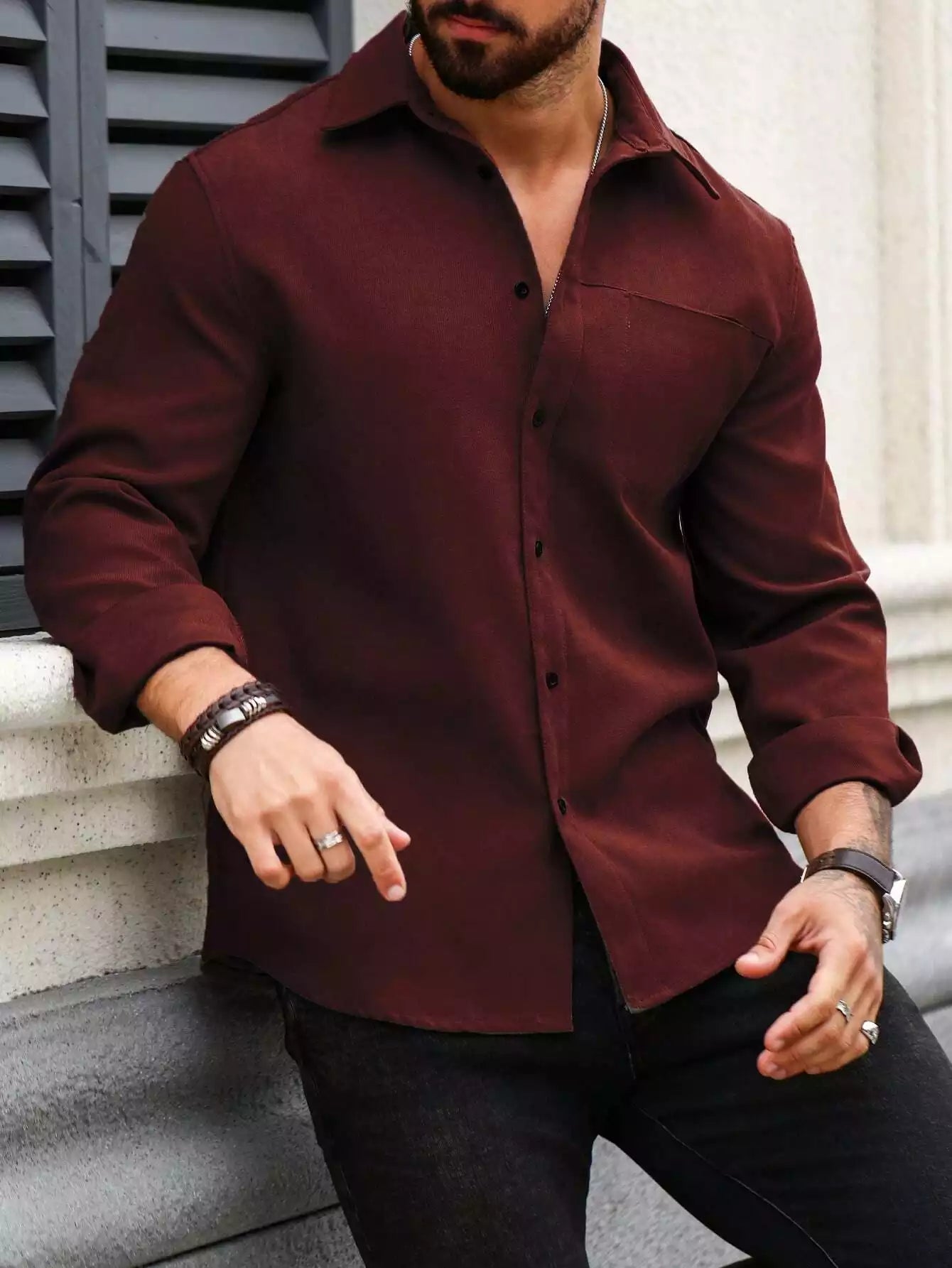 Men Spring And Summer Solid Color Loose Casual Long-Sleeved Shirt Burgundy Color