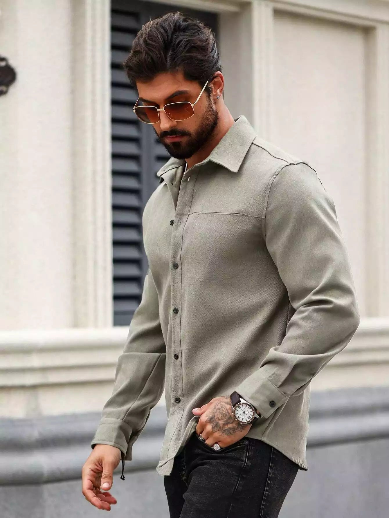 Men Spring And Summer Solid Color Loose Casual Long-Sleeved Shirt Grey Color
