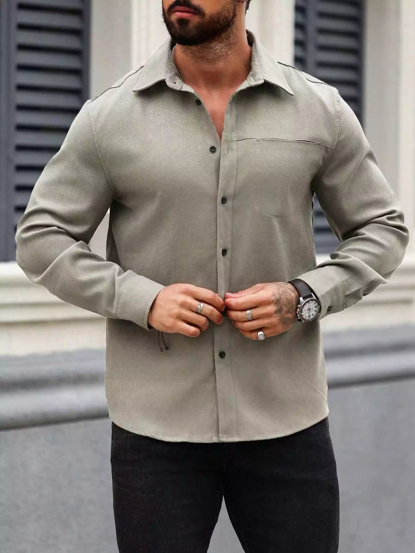 Men Spring And Summer Solid Color Loose Casual Long-Sleeved Shirt Grey Color