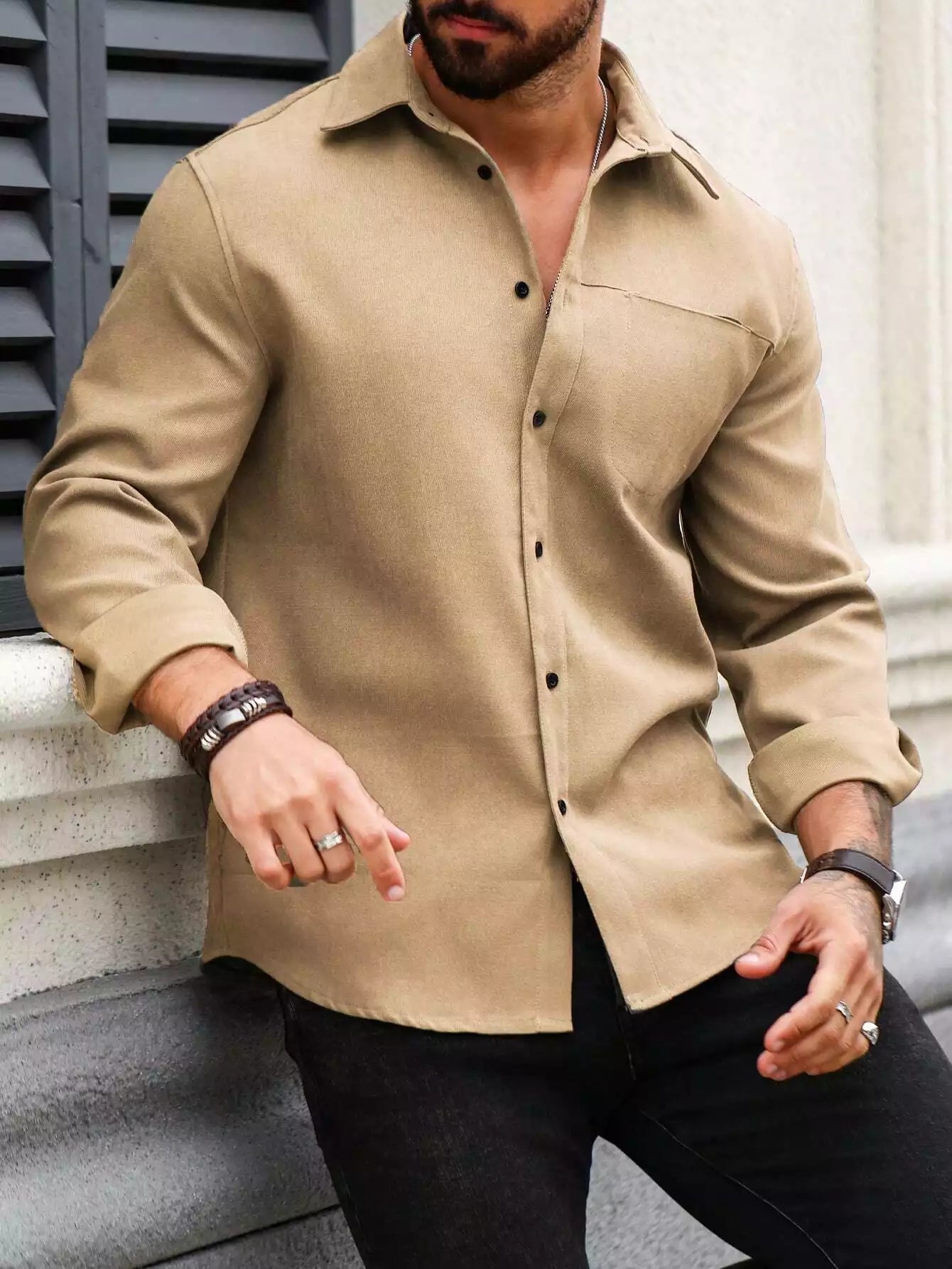 Men Spring And Summer Solid Color Loose Casual Long-Sleeved Shirt Khaki Color