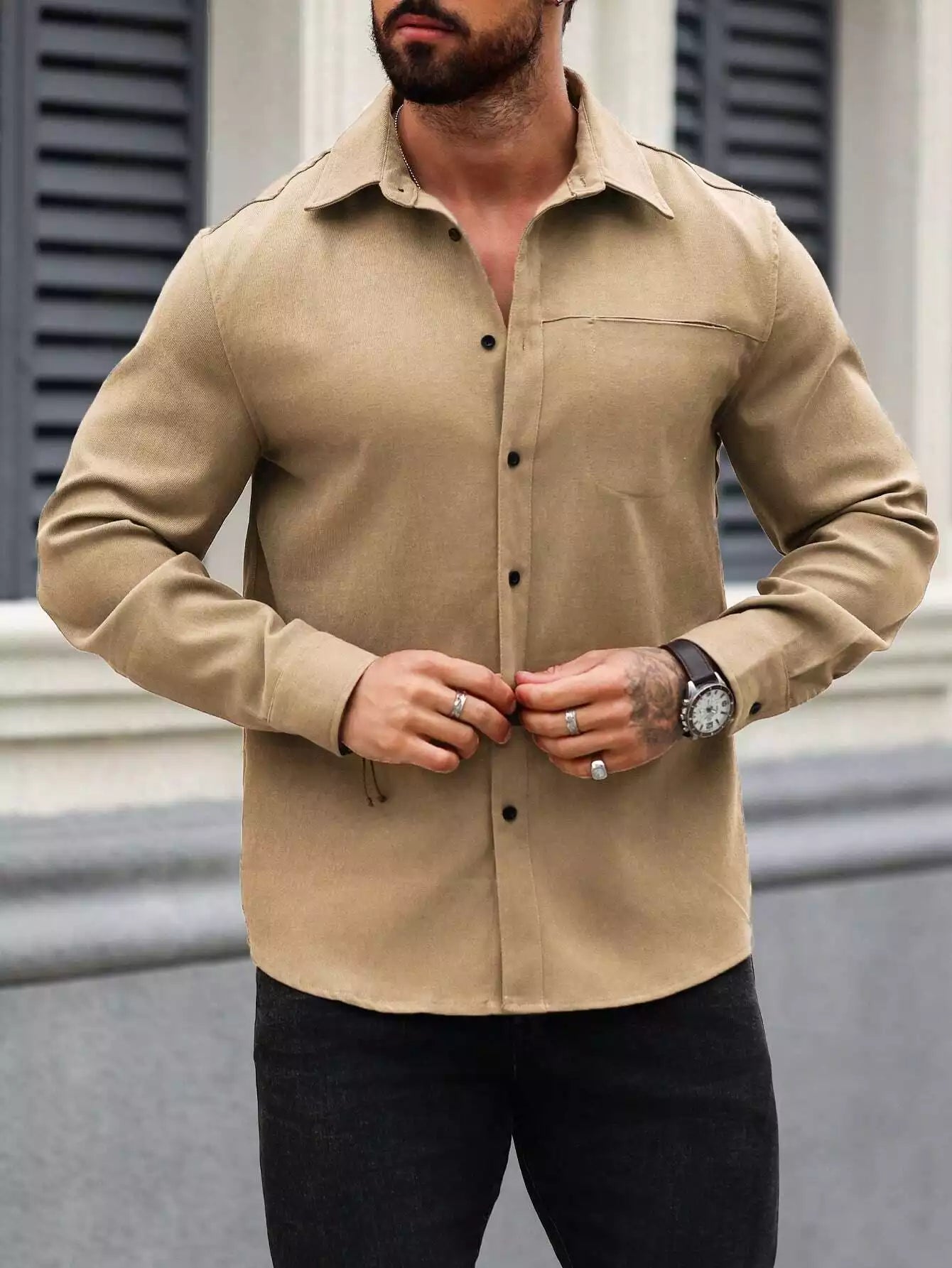 Men Spring And Summer Solid Color Loose Casual Long-Sleeved Shirt Khaki Color