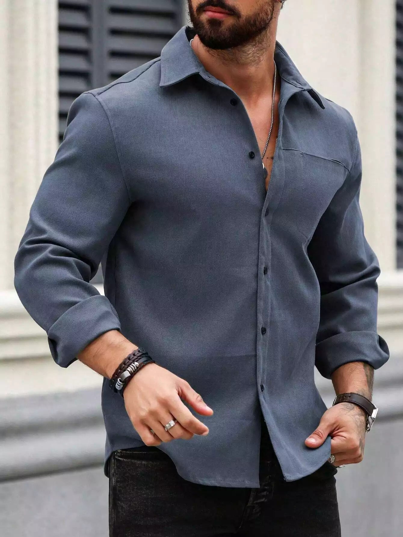 Men Spring And Summer Solid Color Loose Casual Long-Sleeved Shirt Navy Blue Color