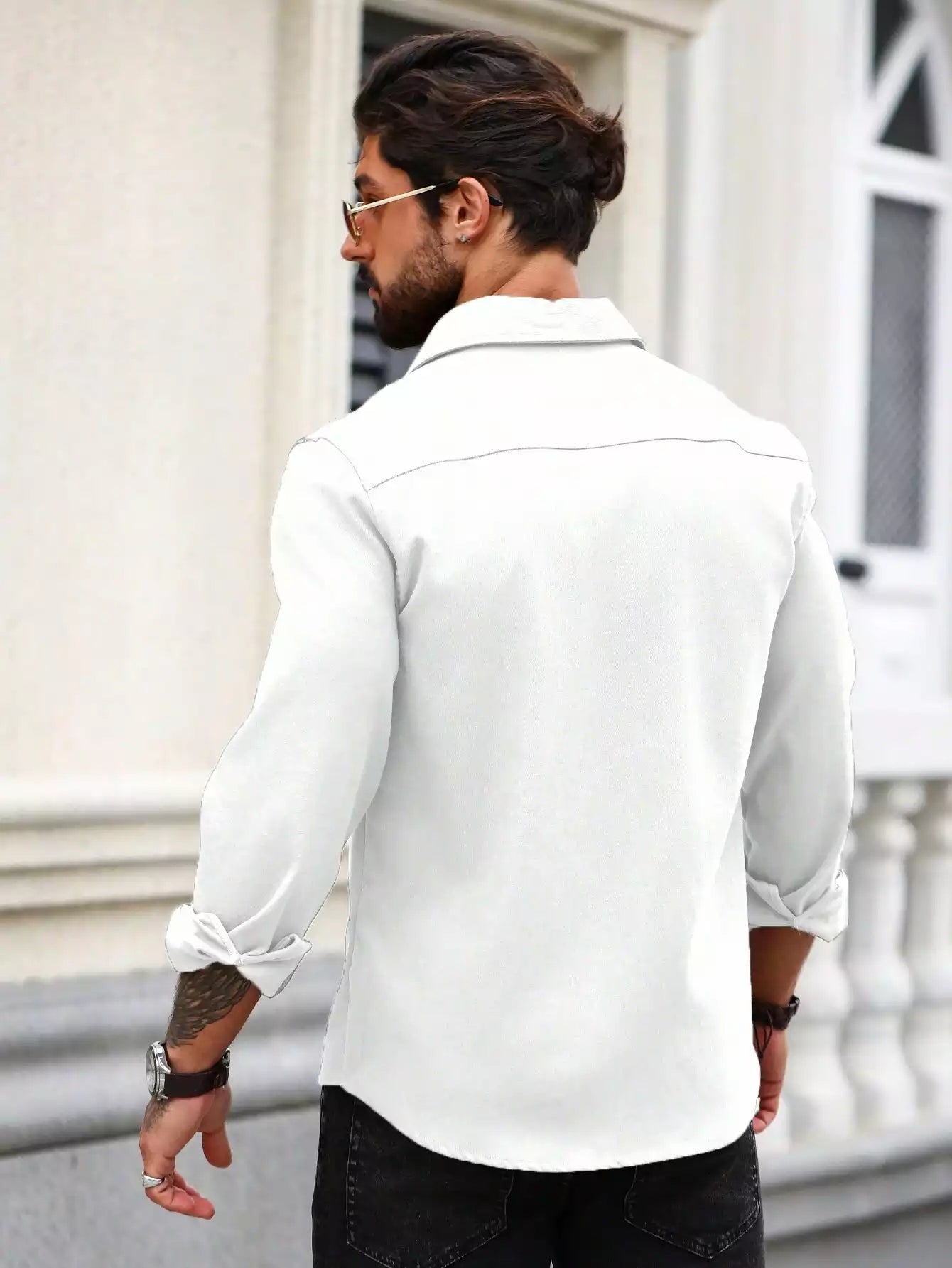 Men Spring And Summer Solid Color Loose Casual Long-Sleeved Shirt White Color