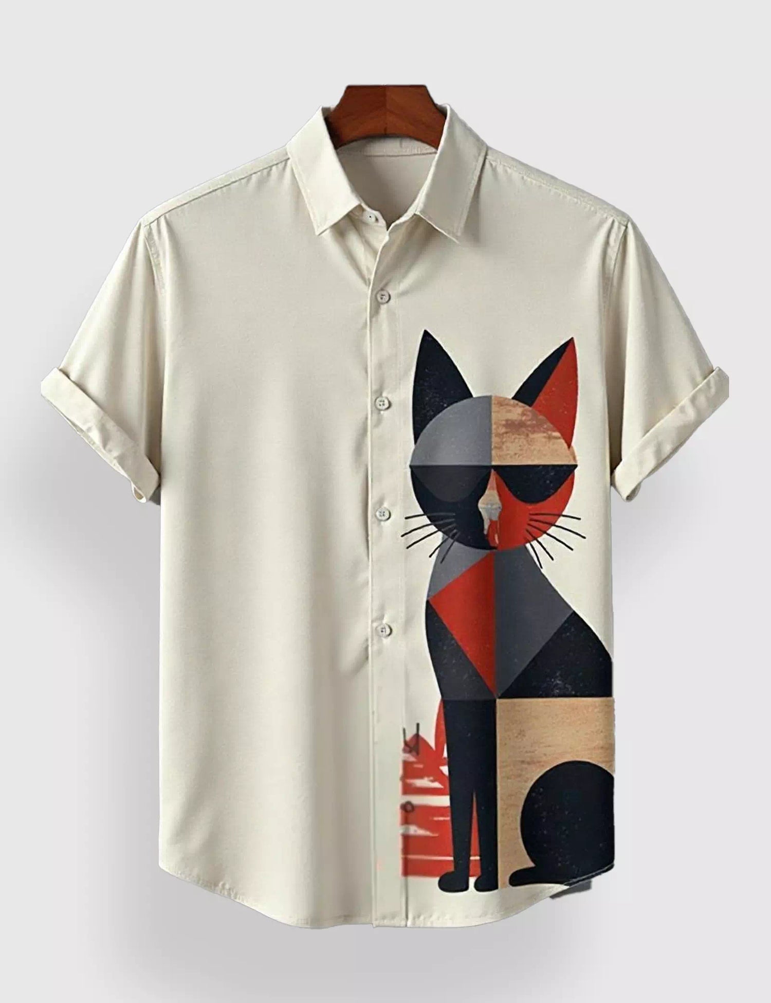 WHITE MULTICAT DESIGNER MEN'S HALF SLEEVES PRINTED SHIRT